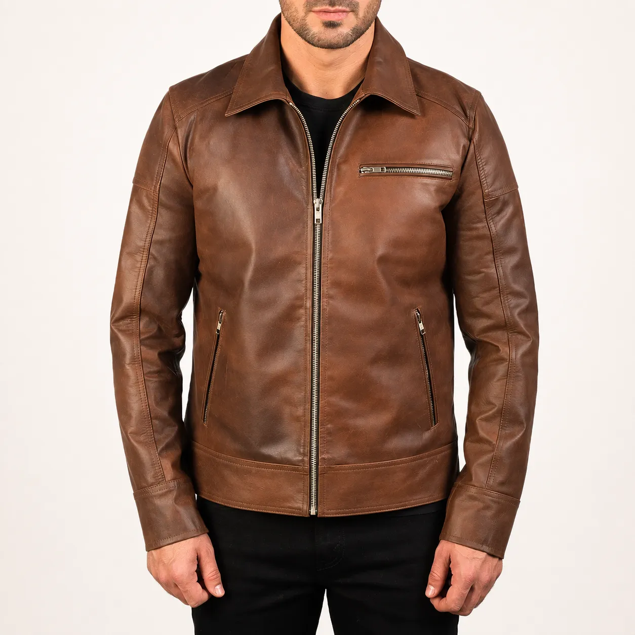 Varek Braune Leder Bikerjacke für Herren – Bild 4