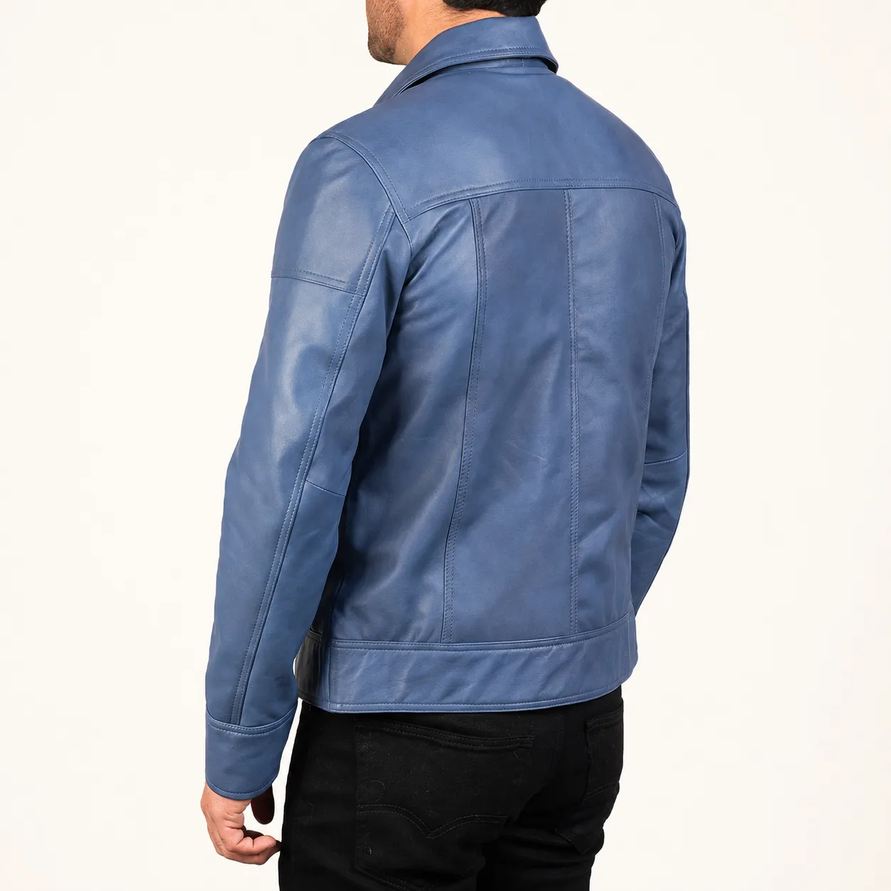 Varek Blaue Leder Bikerjacke für Herren – Bild 3