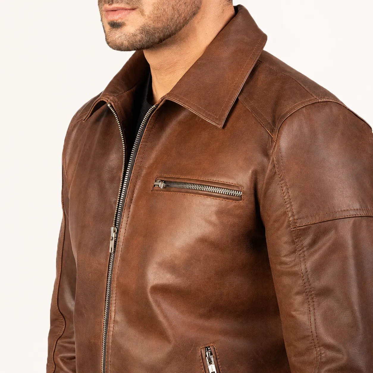 Varek Braune Leder Bikerjacke für Herren – Bild 3