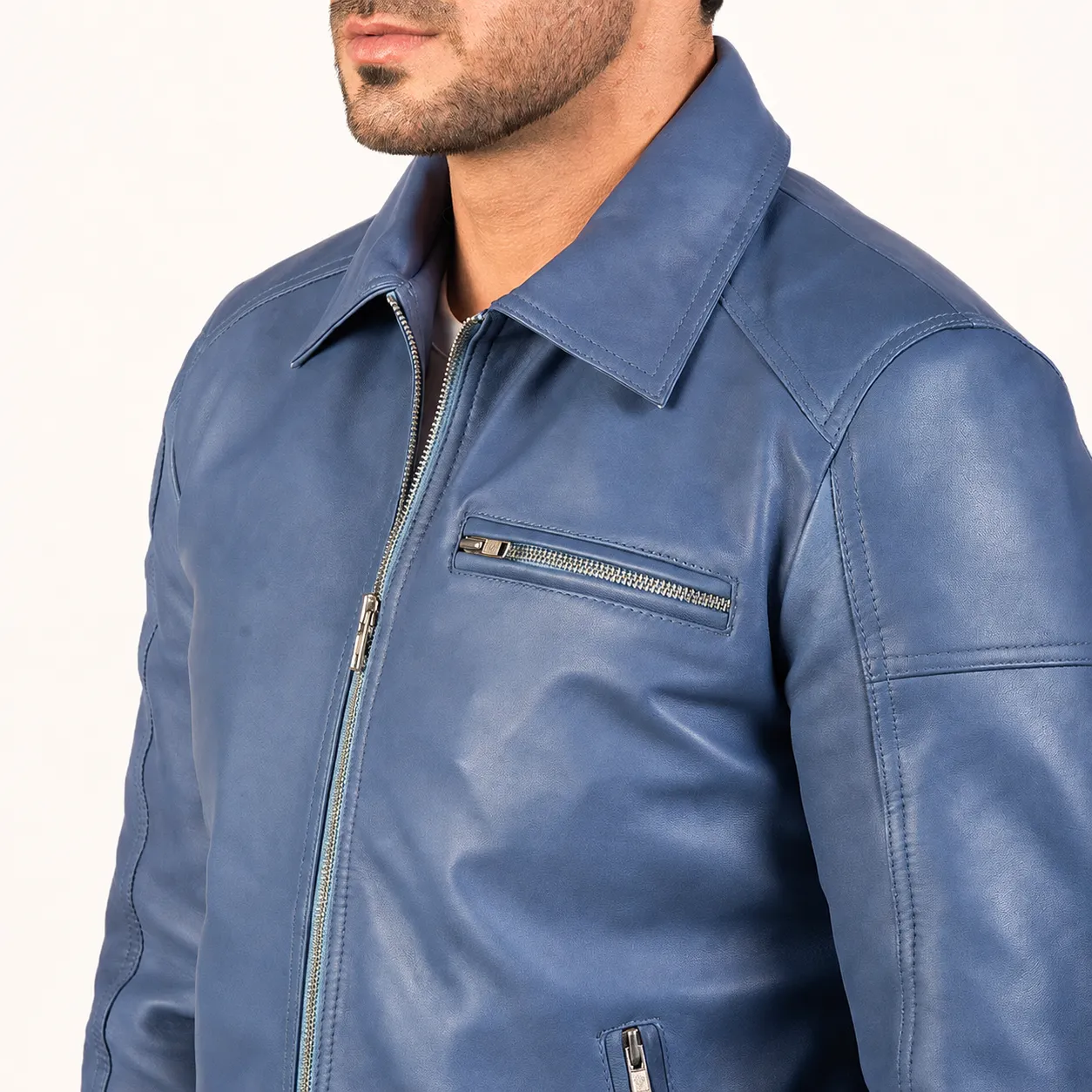 Varek Blaue Leder Bikerjacke für Herren – Bild 4