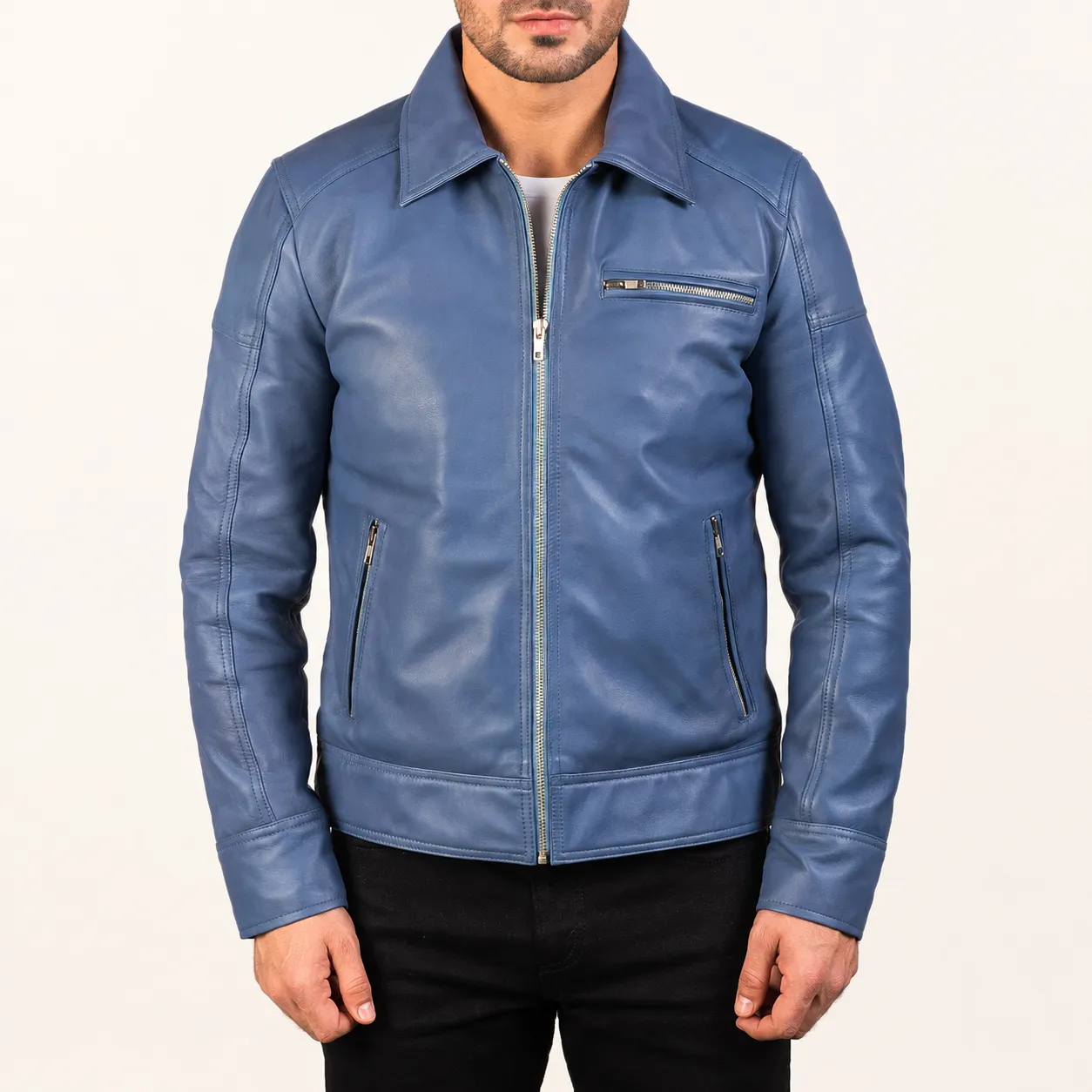 Varek Blaue Leder Bikerjacke für Herren – Bild 2
