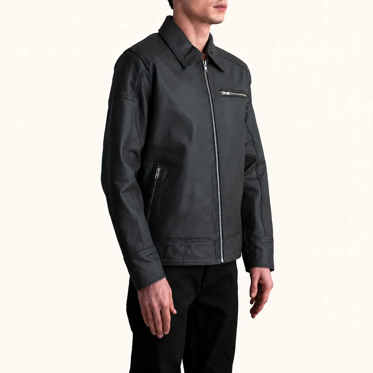 Varek Mattschwarze Leder Bikerjacke für Herren – Bild 2
