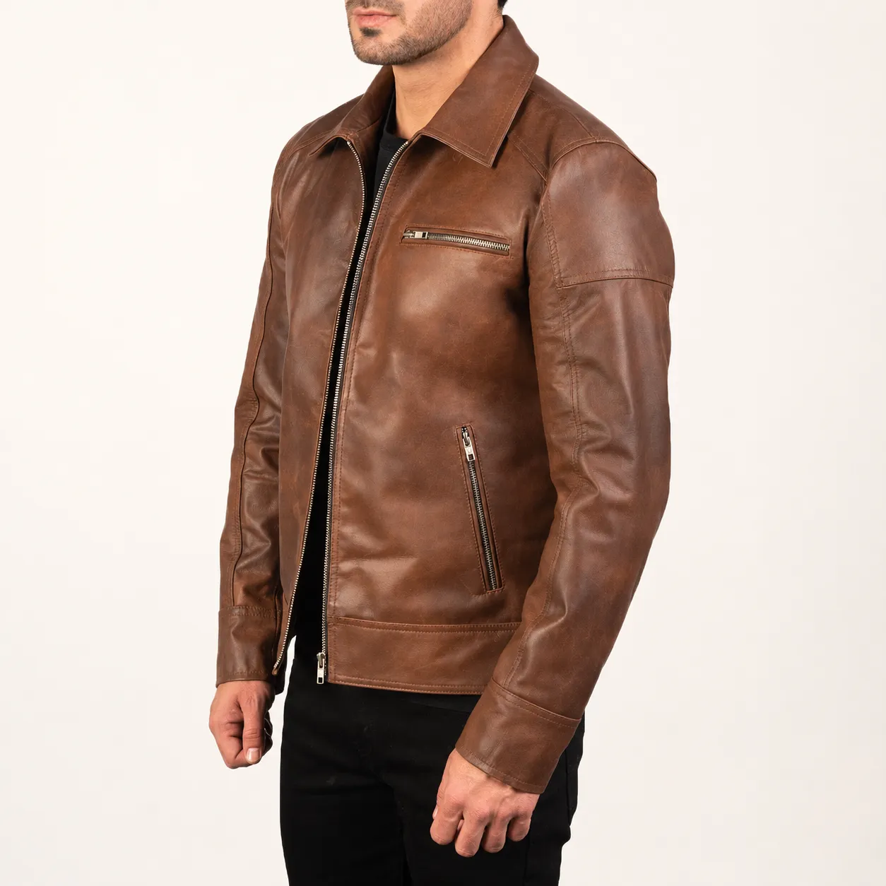 Varek Braune Leder Bikerjacke für Herren – Bild 2