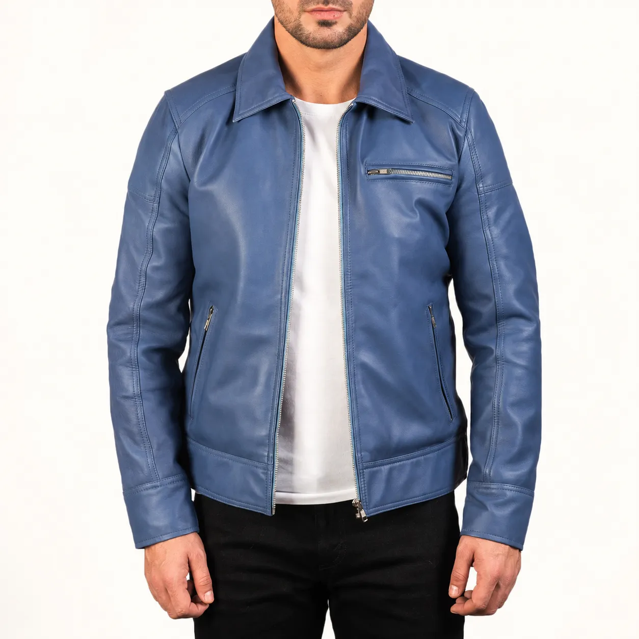 Varek Blaue Leder Bikerjacke für Herren