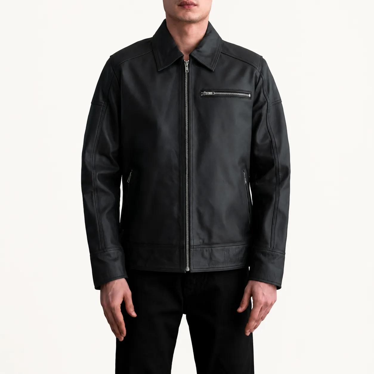 Varek Mattschwarze Leder Bikerjacke für Herren