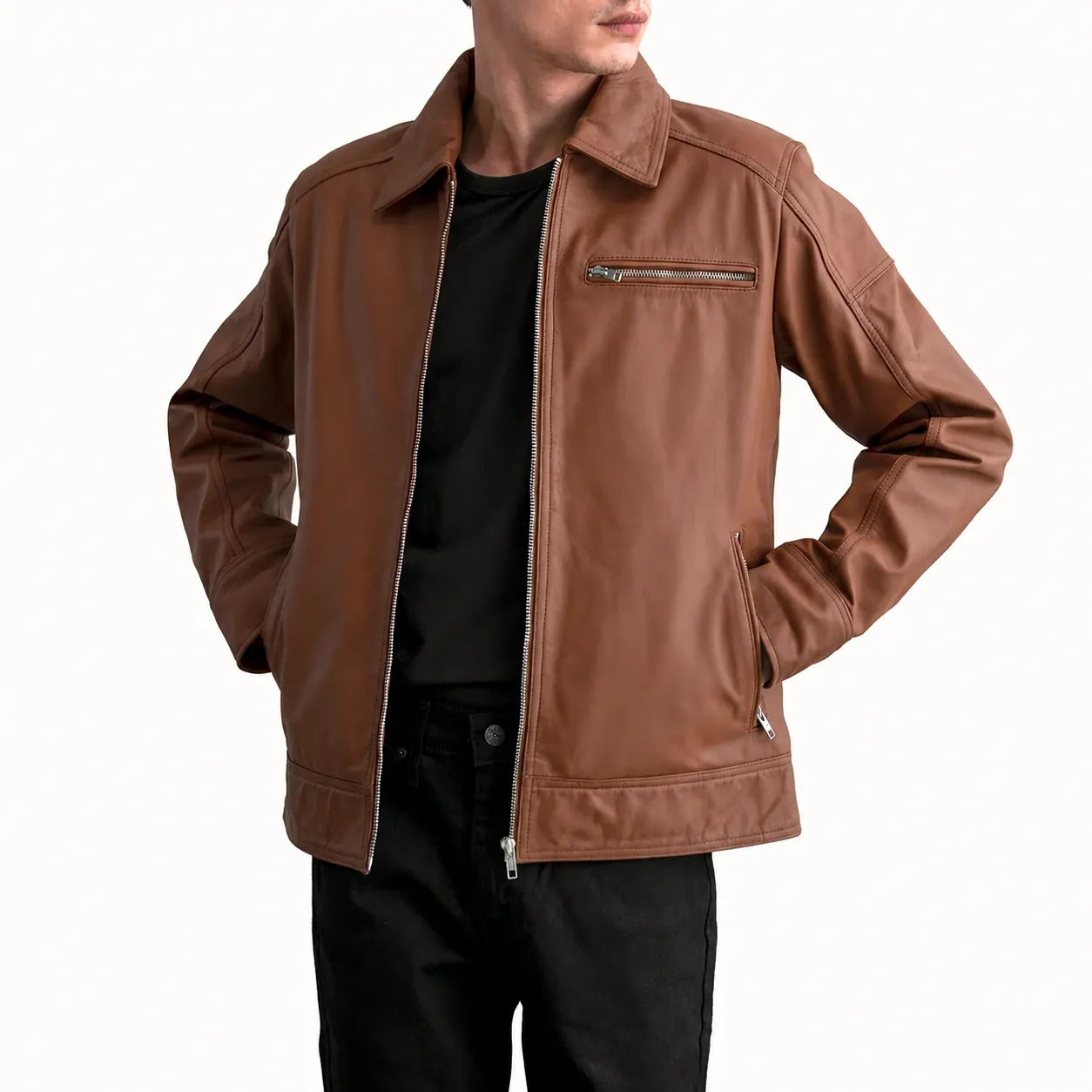 Varek Mattbraune Leder Bikerjacke für Herren