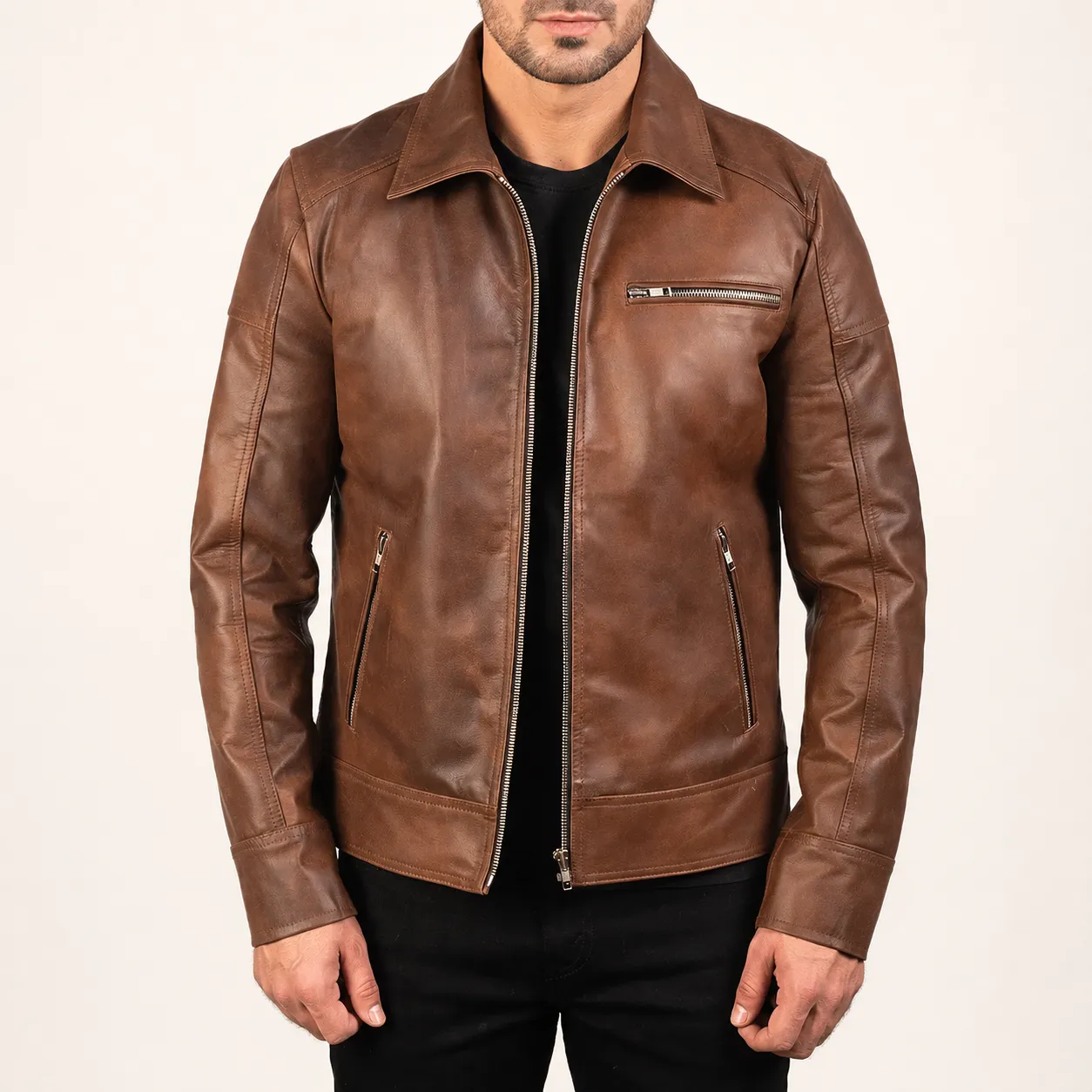 Varek Braune Leder Bikerjacke für Herren