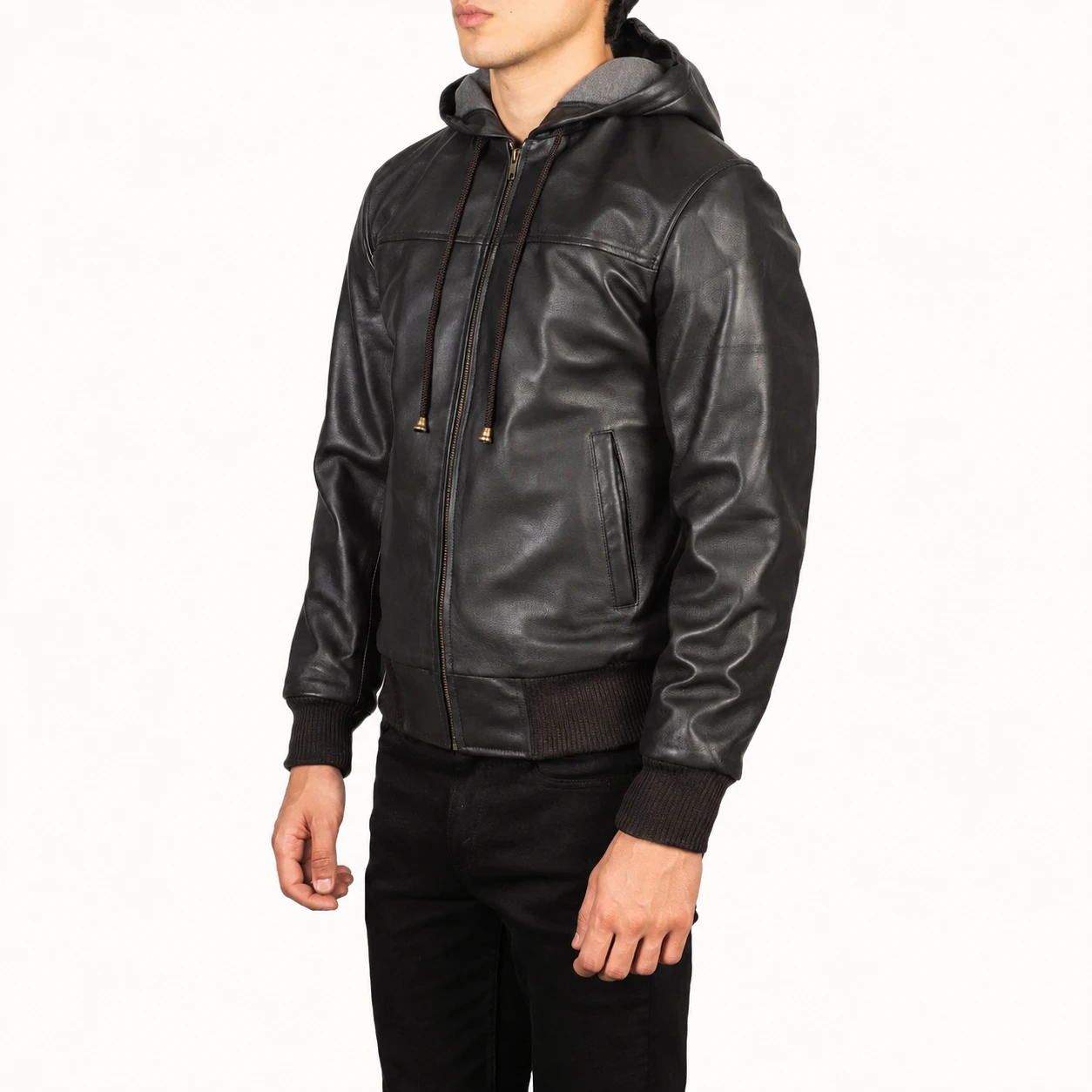Nintenzo Braune Leder-Bomberjacke mit Kapuze für Herren – Bild 2