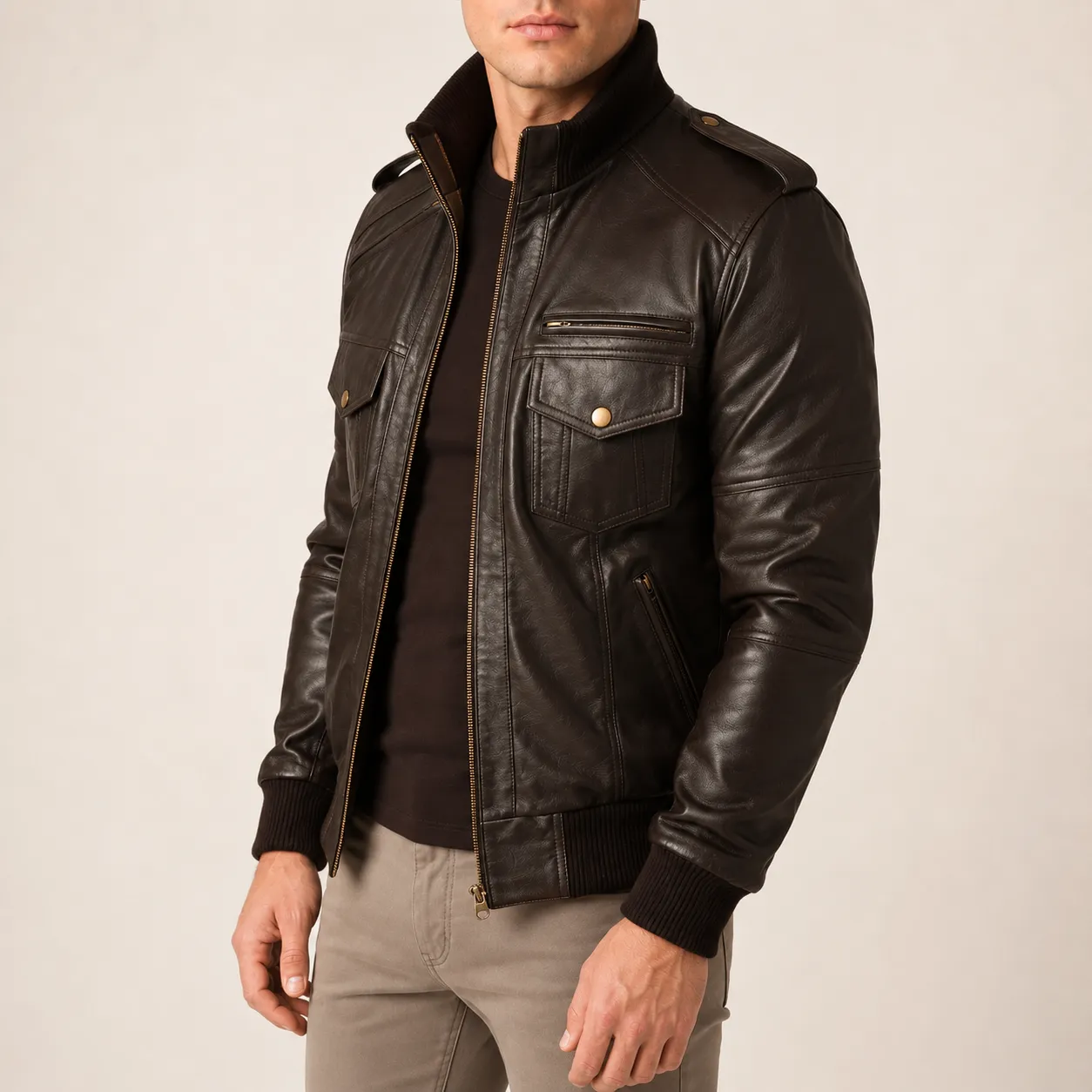 Arden Dunkelbraune Leder Bomberjacke für Herren – Bild 3