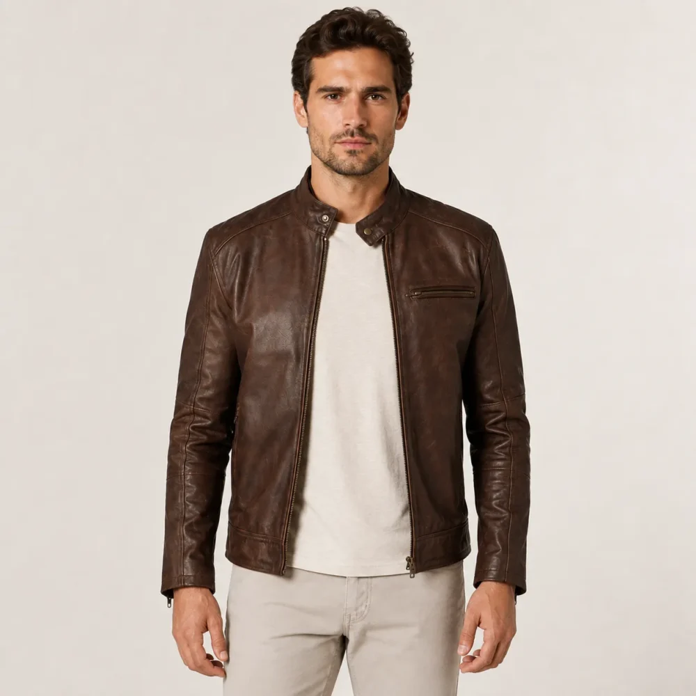 Valen Braune Leder Bikerjacke für Herren