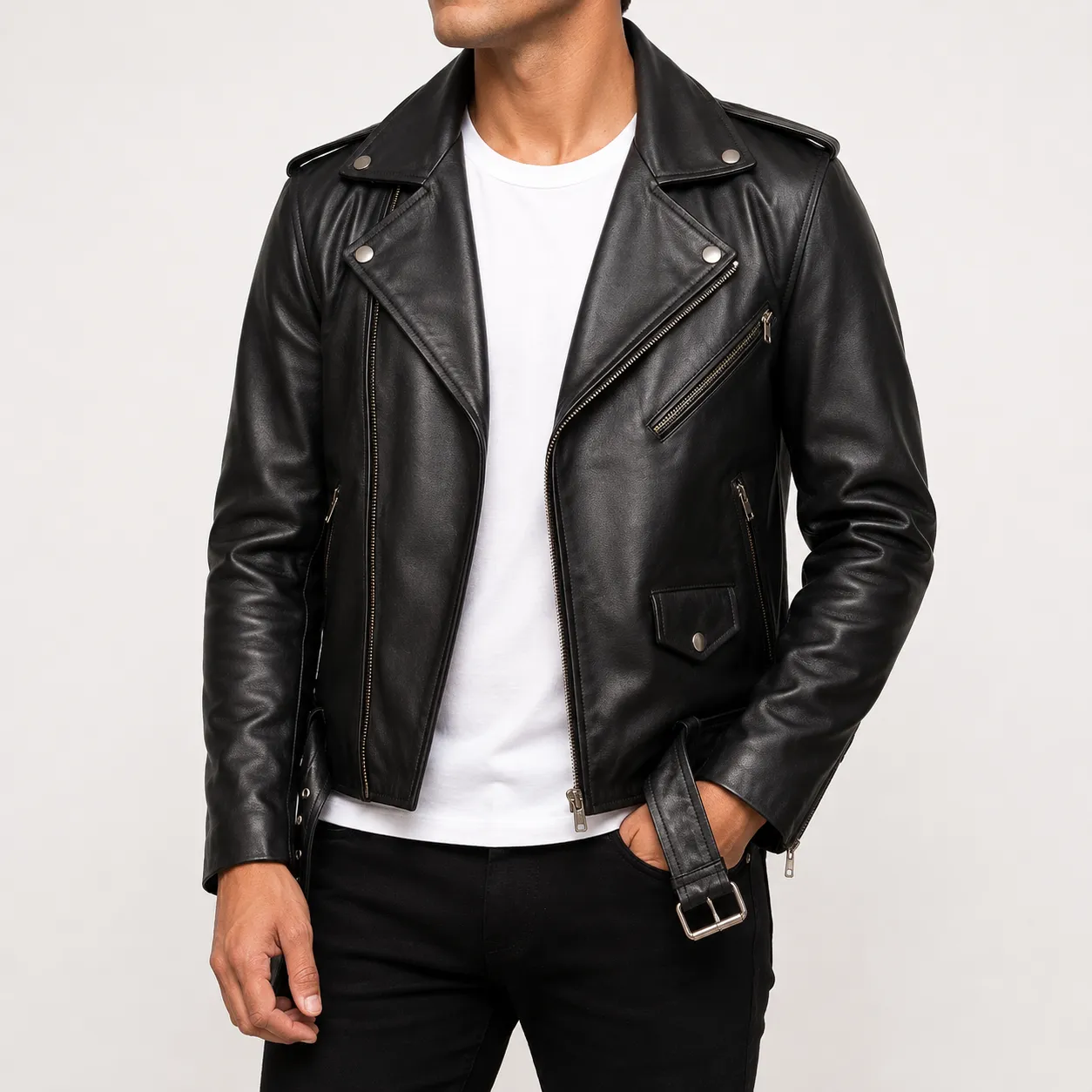 Taron Schwarze Leder Bikerjacke für Herren