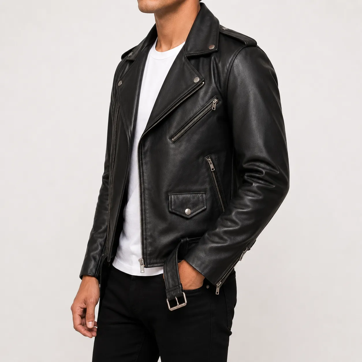 Taron Schwarze Leder Bikerjacke für Herren – Bild 2