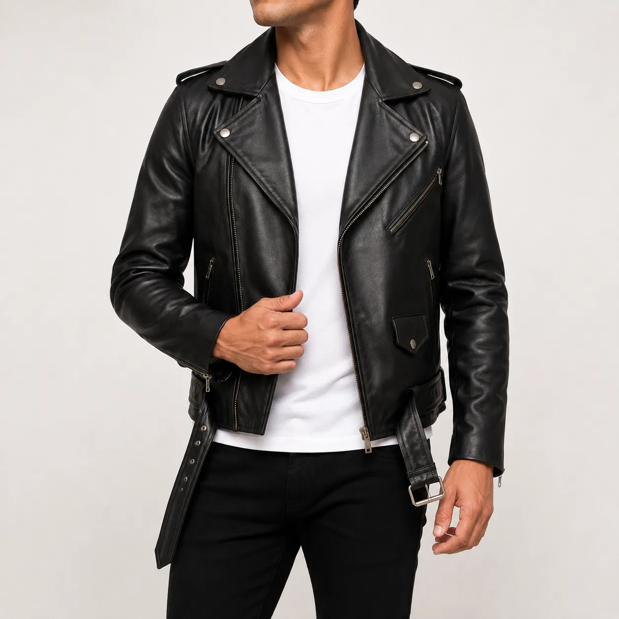 Taron Schwarze Leder Bikerjacke für Herren – Bild 3
