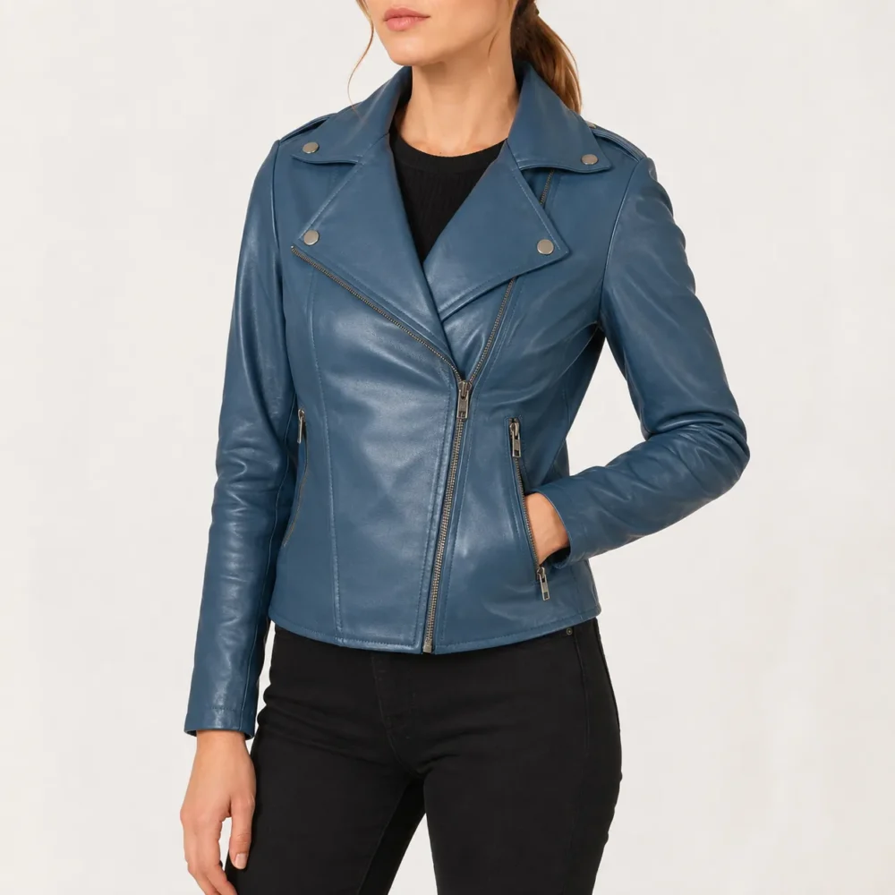 Nerina Blaue Leder Bikerjacke für Damen