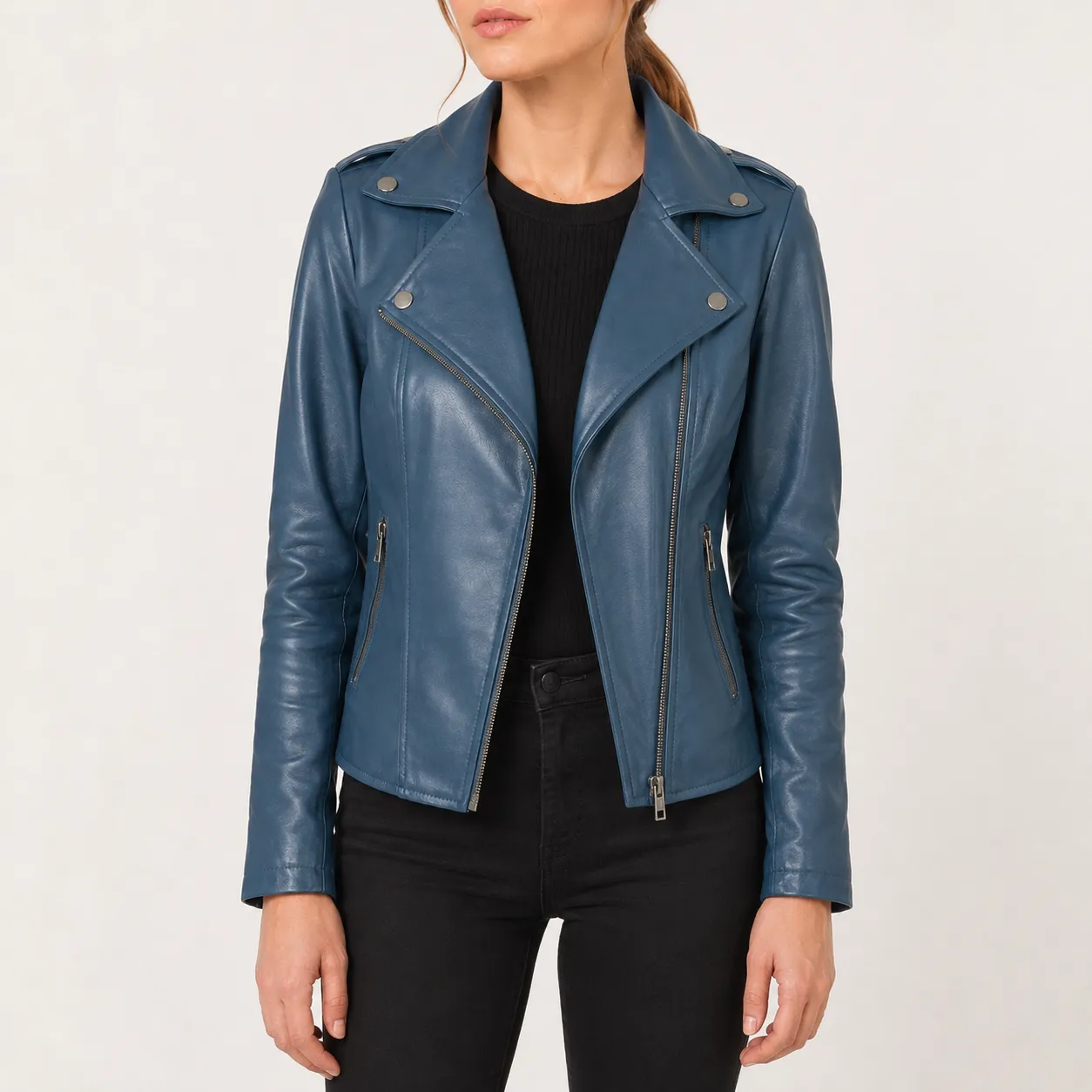 Nerina Blaue Leder Bikerjacke für Damen – Bild 2
