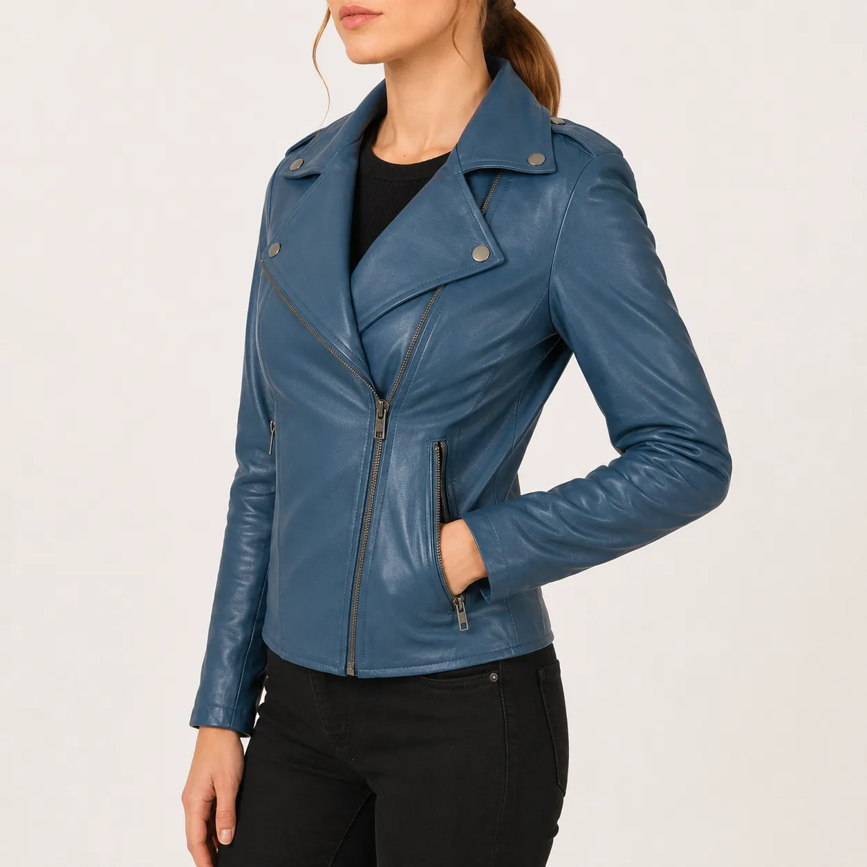 Nerina Blaue Leder Bikerjacke für Damen – Bild 4
