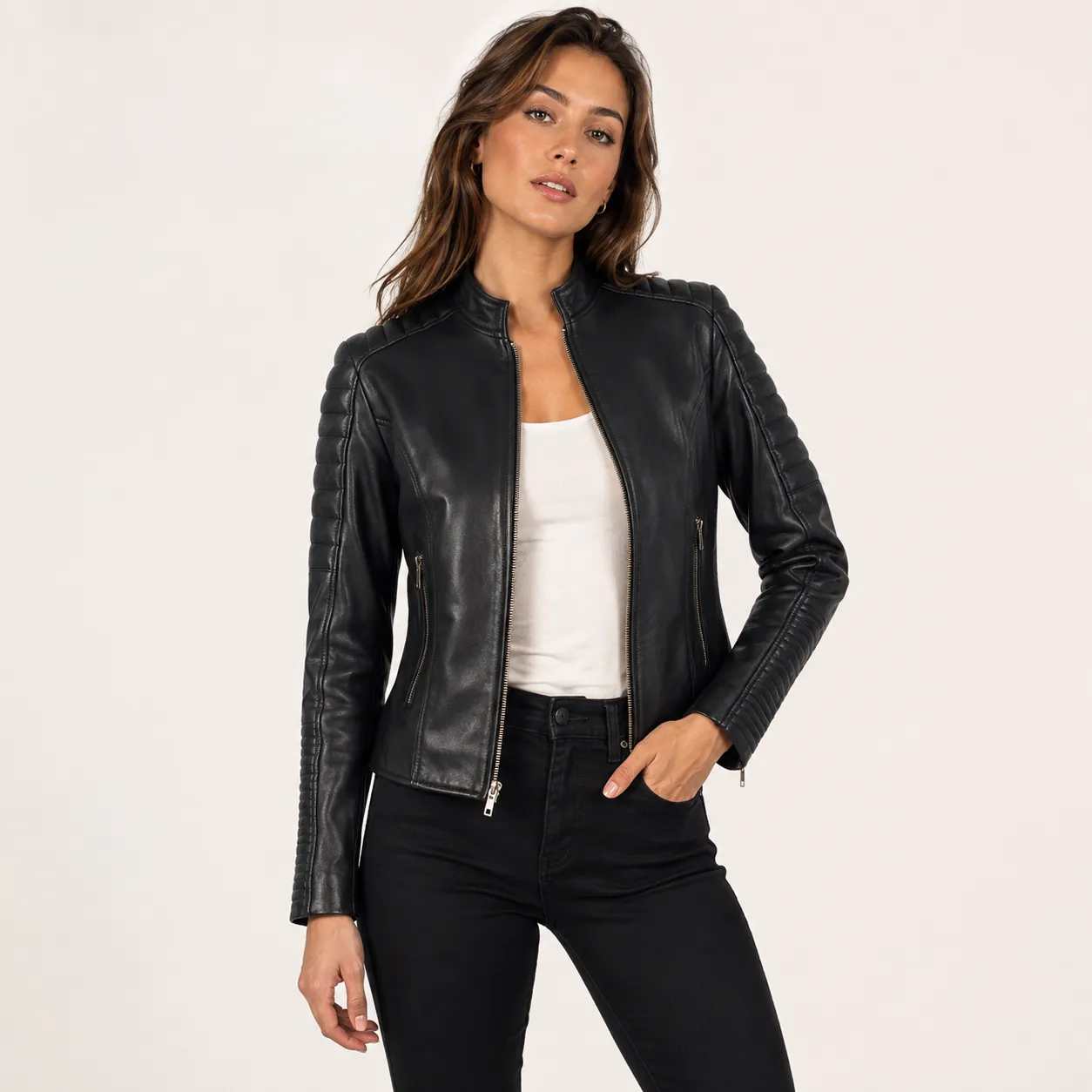 Sorella Gesteppte Schwarze Leder Bikerjacke für Damen