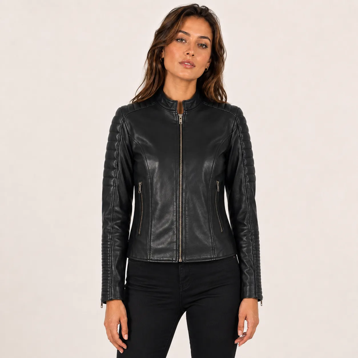 Sorella Gesteppte Schwarze Leder Bikerjacke für Damen – Bild 2