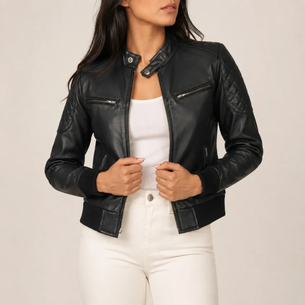 Zarela Schwarze Leder Bomberjacke für Damen