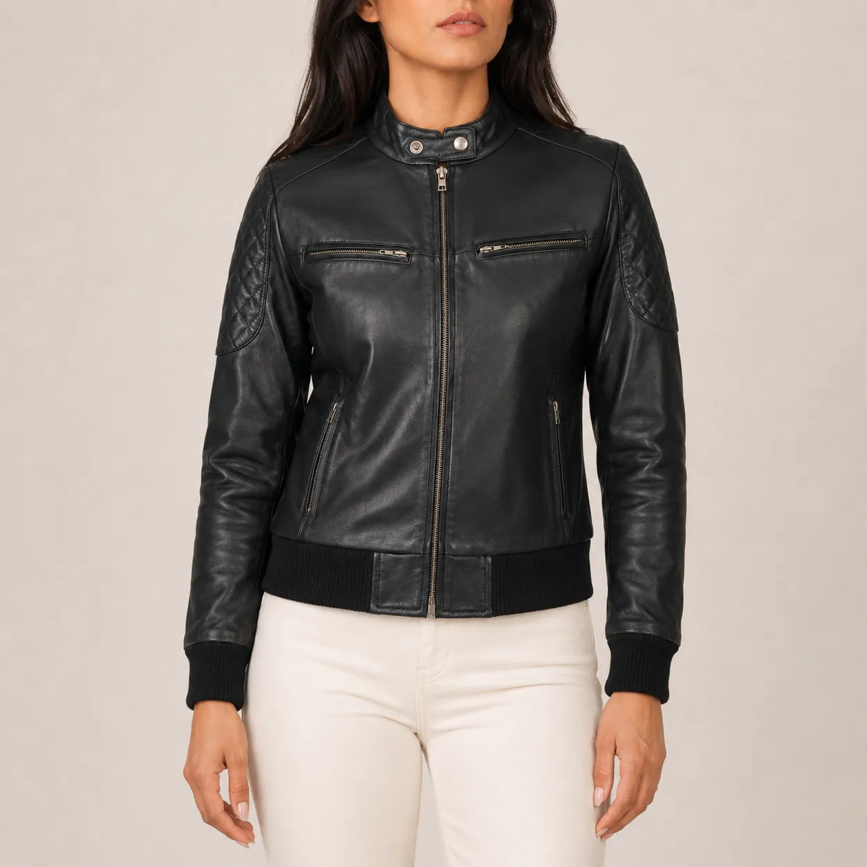 Zarela Schwarze Leder Bomberjacke für Damen – Bild 2