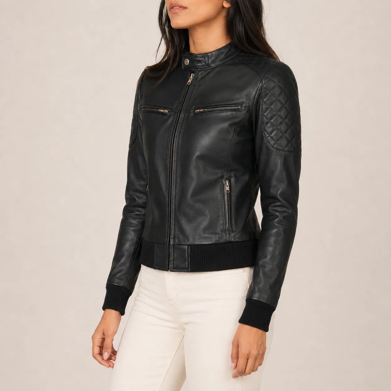 Zarela Schwarze Leder Bomberjacke für Damen – Bild 3