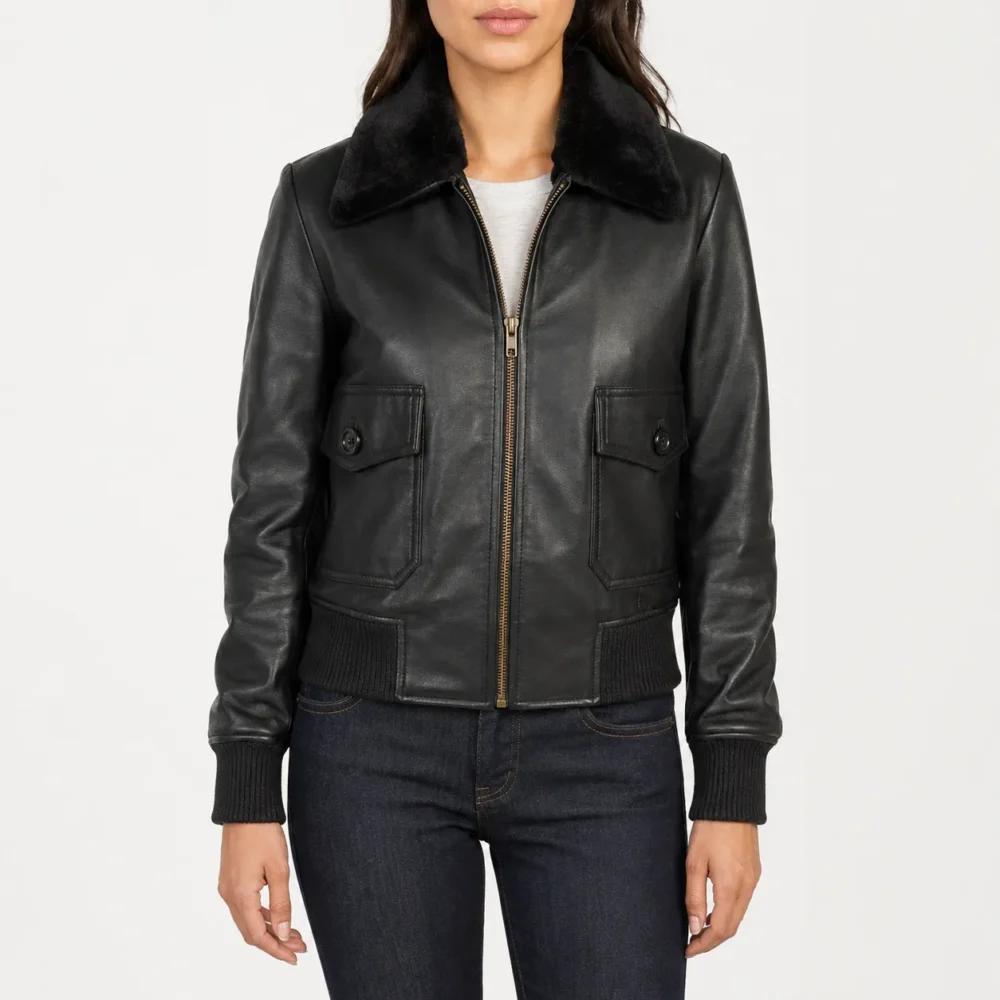 Stella G-1 Schwarze Leder Bomberjacke für Damen
