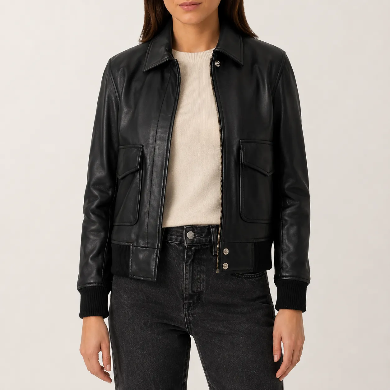 Mara Schwarze A-2 Leder Bomberjacke für Damen