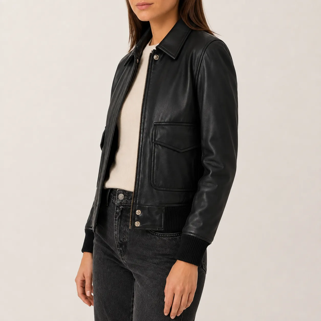 Mara Schwarze A-2 Leder Bomberjacke für Damen – Bild 2