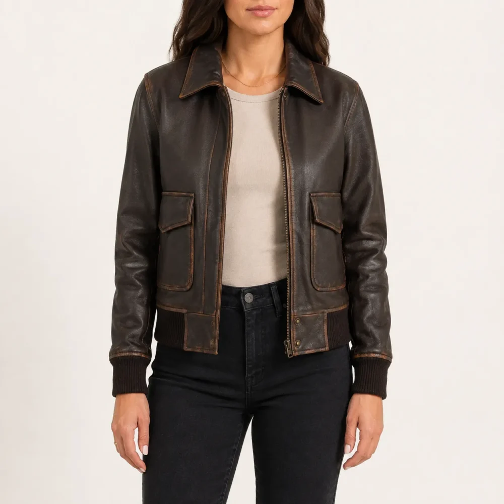 Mara Braune A-2 Leder Bomberjacke für Damen
