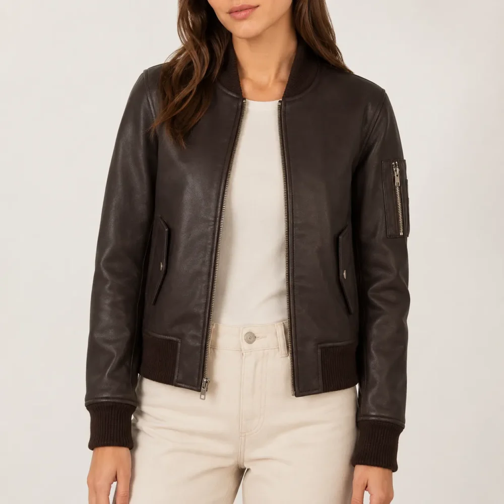 Alina Braune Leder Bomberjacke für Damen