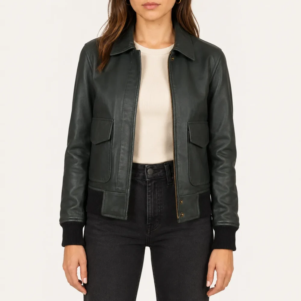 Mara Grüne A-2 Leder Bomberjacke für Damen