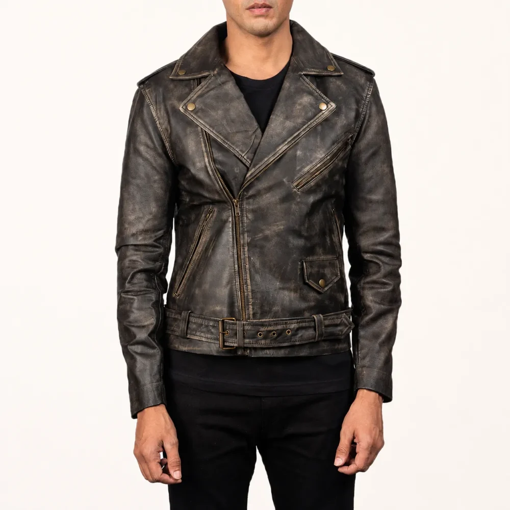 Taron Braune Leder Bikerjacke für Herren im Distressed-Look