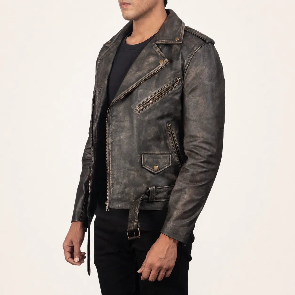 Taron Braune Leder Bikerjacke für Herren im Distressed-Look – Bild 2