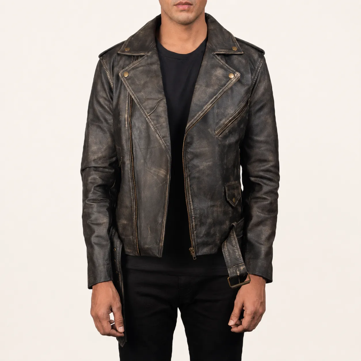 Taron Braune Leder Bikerjacke für Herren im Distressed-Look – Bild 4