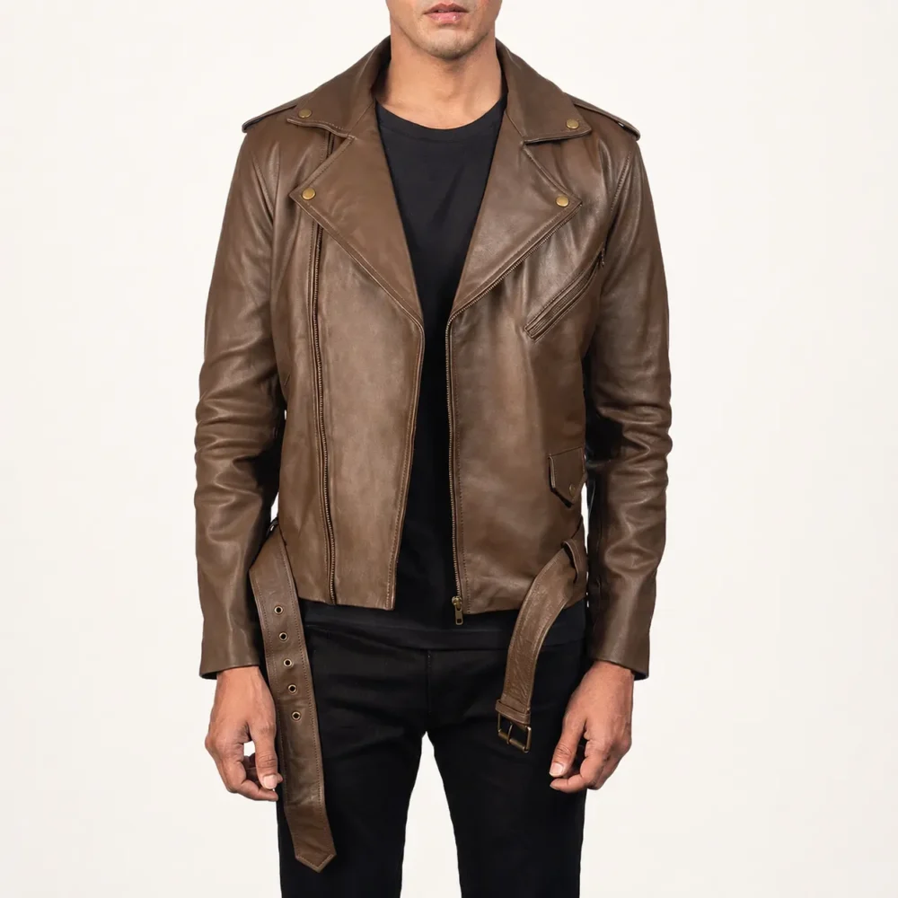 Taron Mokkabraune Leder Bikerjacke für Herren