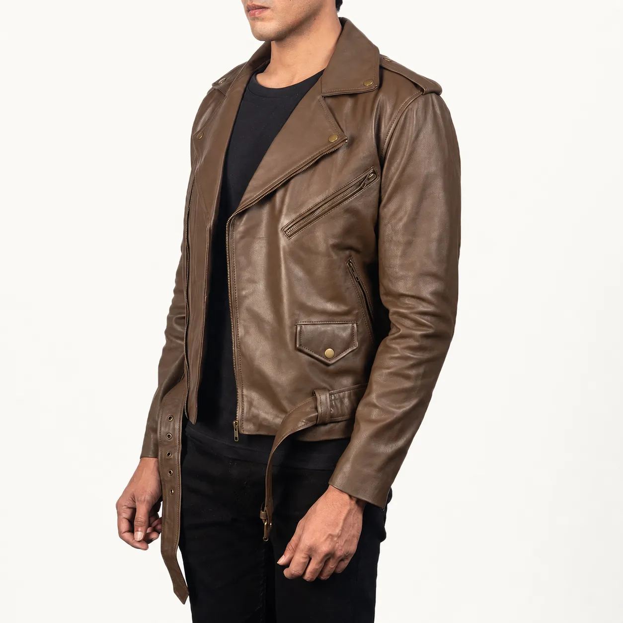 Taron Mokkabraune Leder Bikerjacke für Herren – Bild 2