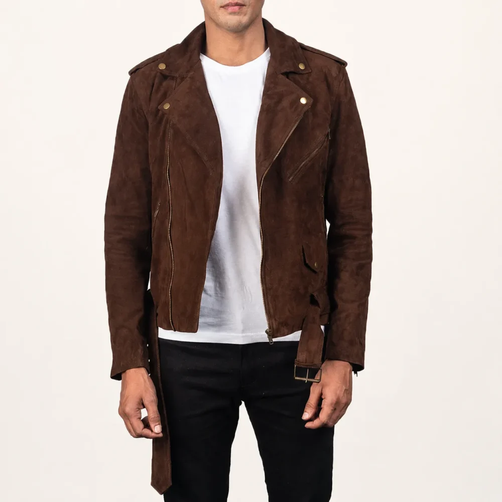 Taron Mokkabraune Wildleder Bikerjacke für Herren