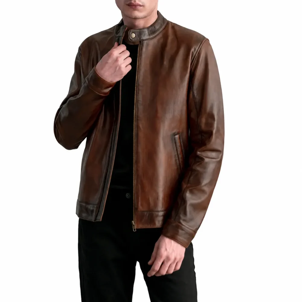 Valen Braune Leder Bikerjacke für Herren im Distressed-Look