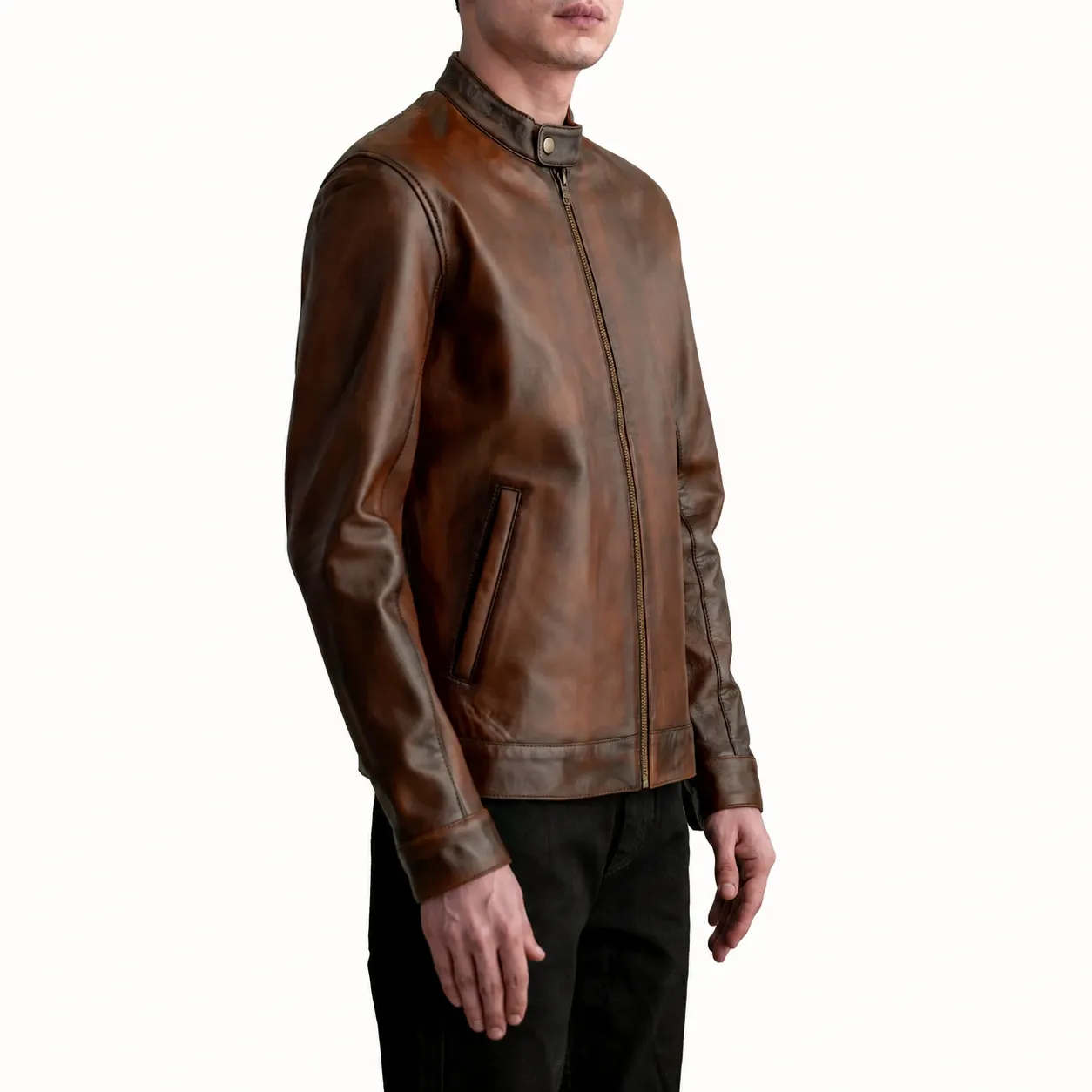 Valen Braune Leder Bikerjacke für Herren im Distressed-Look – Bild 2