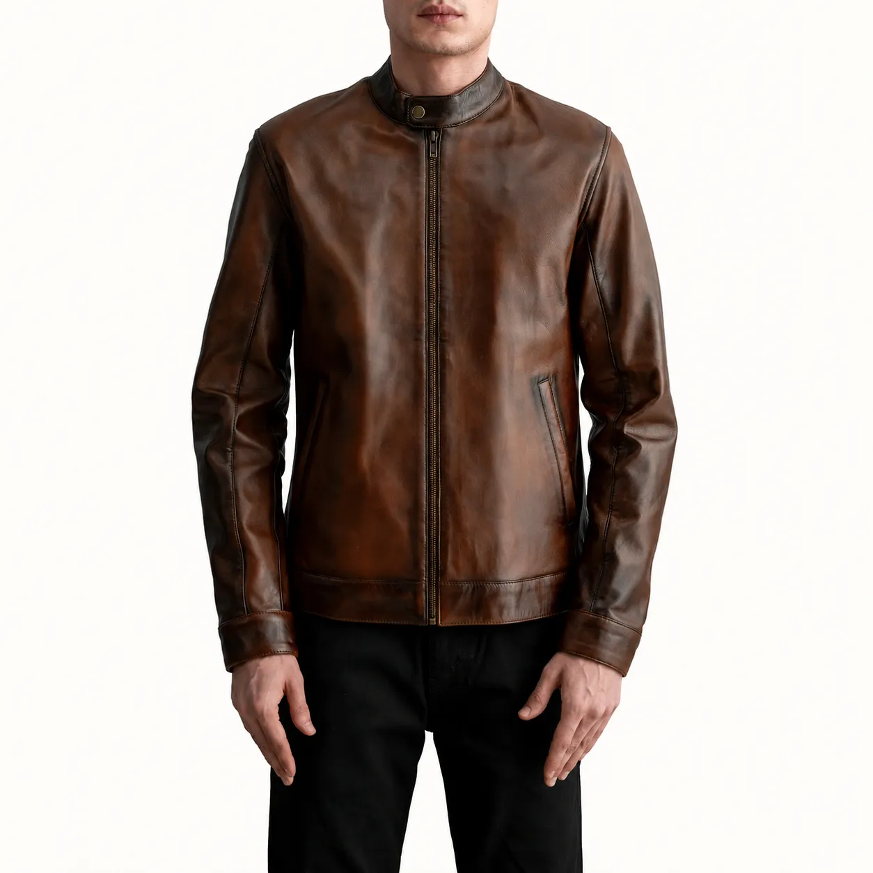 Valen Braune Leder Bikerjacke für Herren im Distressed-Look – Bild 3