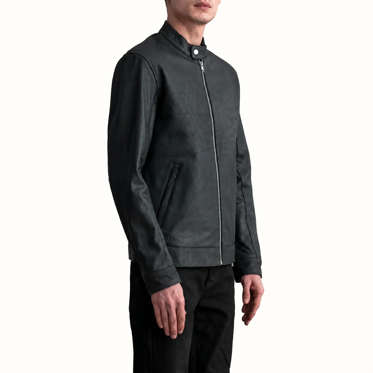 Valen Schwarze Leder Bikerjacke für Herren aus gewalktem Leder – Bild 2
