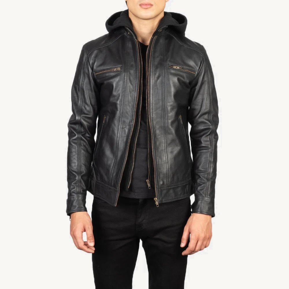 Dresden Schwarze Biker Lederjacke Herren mit Kapuze