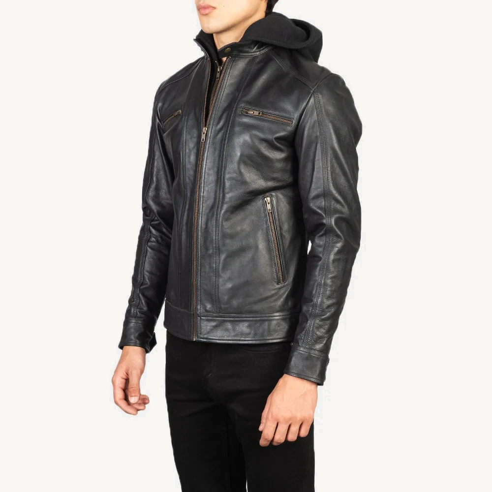 Dresden Schwarze Biker Lederjacke Herren mit Kapuze – Bild 2