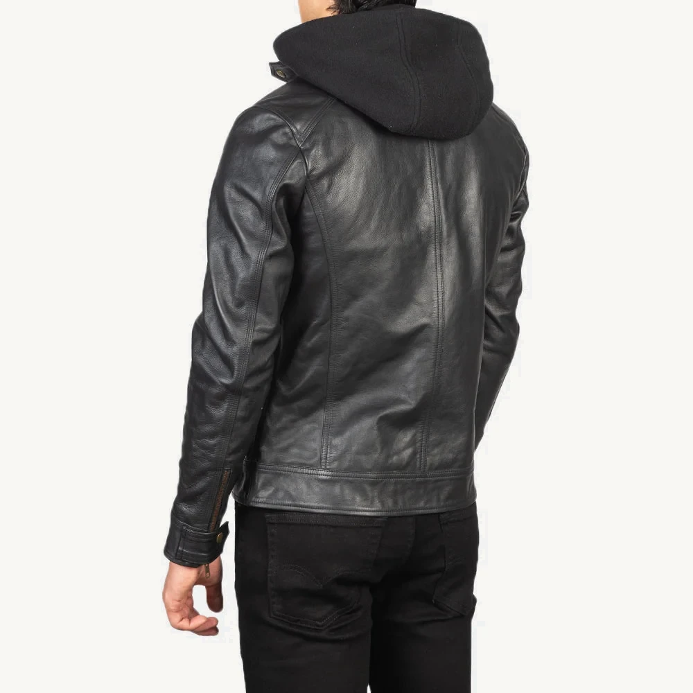 Dresden Schwarze Biker Lederjacke Herren mit Kapuze – Bild 3