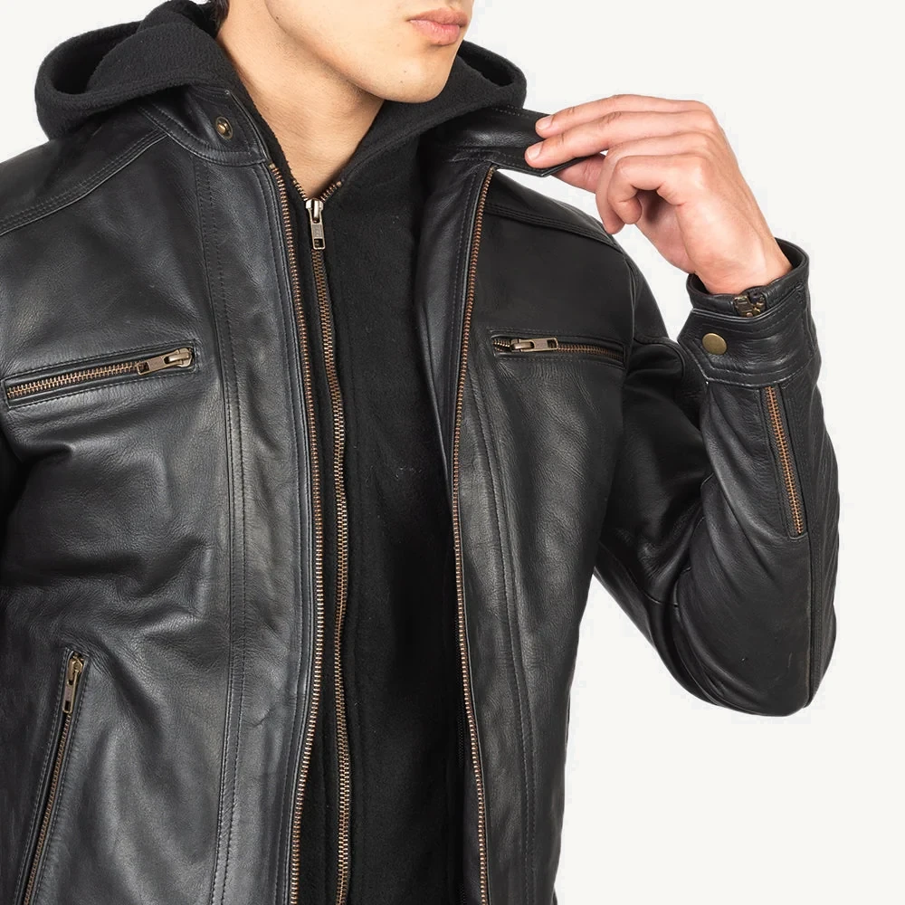 Dresden Schwarze Biker Lederjacke Herren mit Kapuze – Bild 4