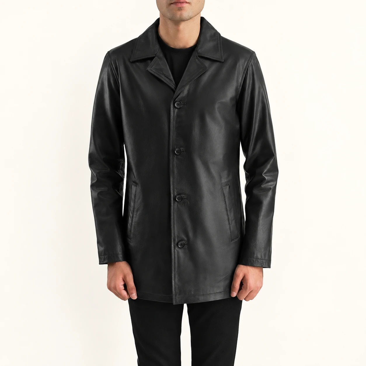 Urban Schwarzer Leder Fahrmantel Herren – Bild 2