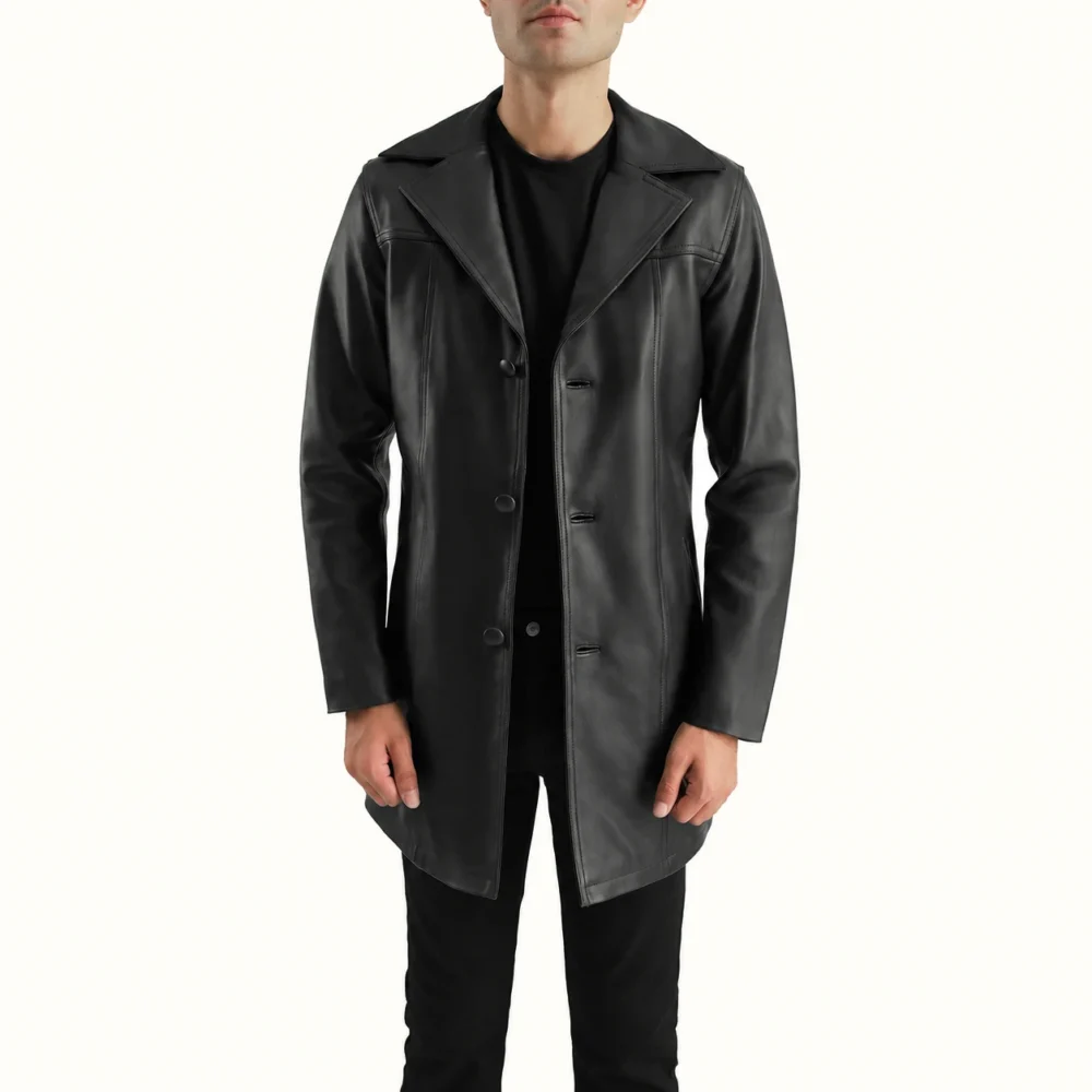 Marlow Schwarzer Leder Fahrmantel Herren