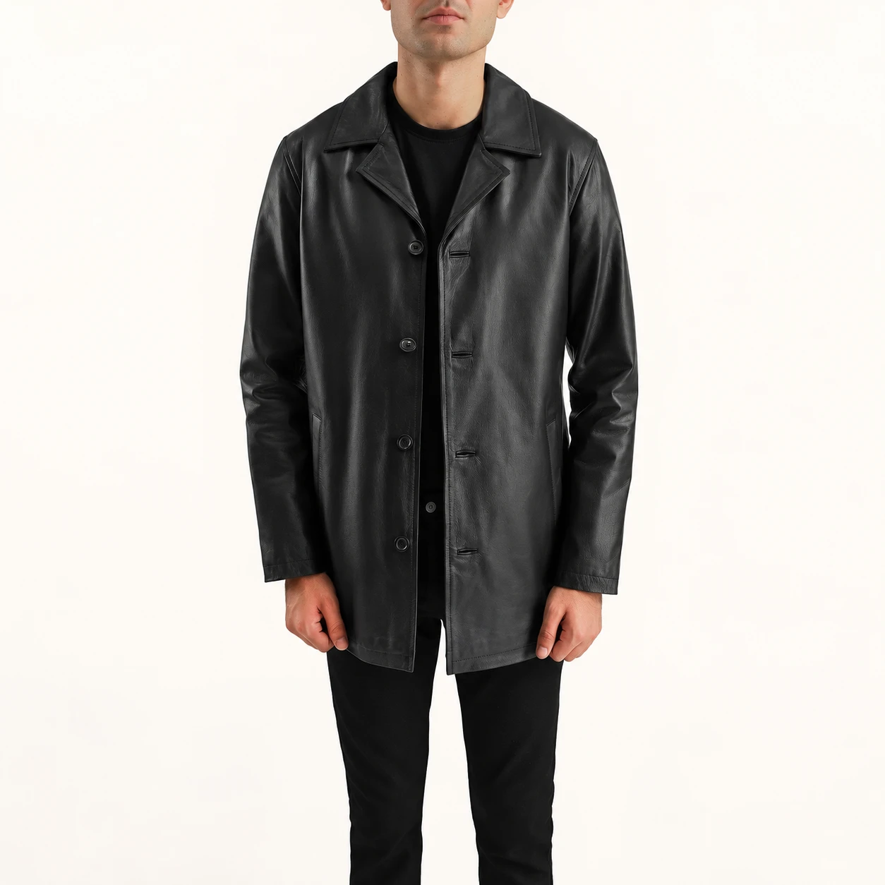 Urban Schwarzer Leder Fahrmantel Herren