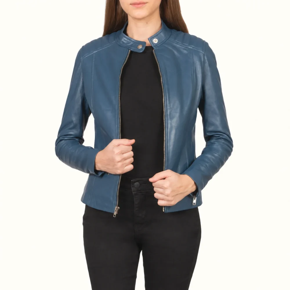 Amalia blaue gesteppte Leder Bikerjacke für Damen Frontansicht offen