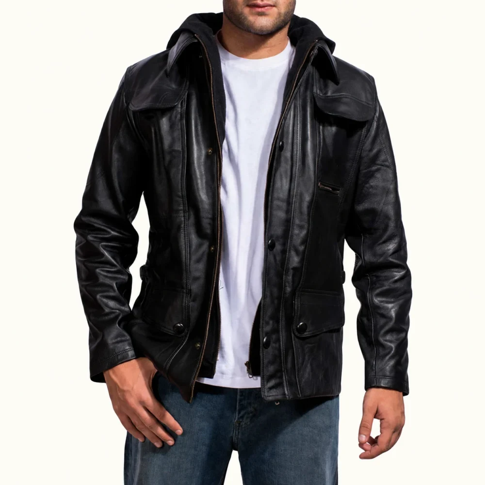 Corvin Schwarze Lederjacke mit Kapuze für Herren